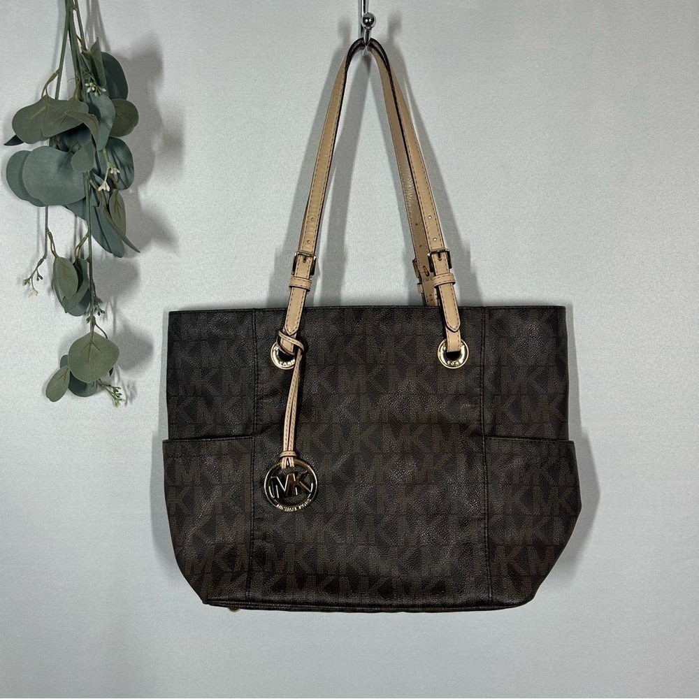 Michael Kors Dark Brown MK Logo Tote with Beige Straps
